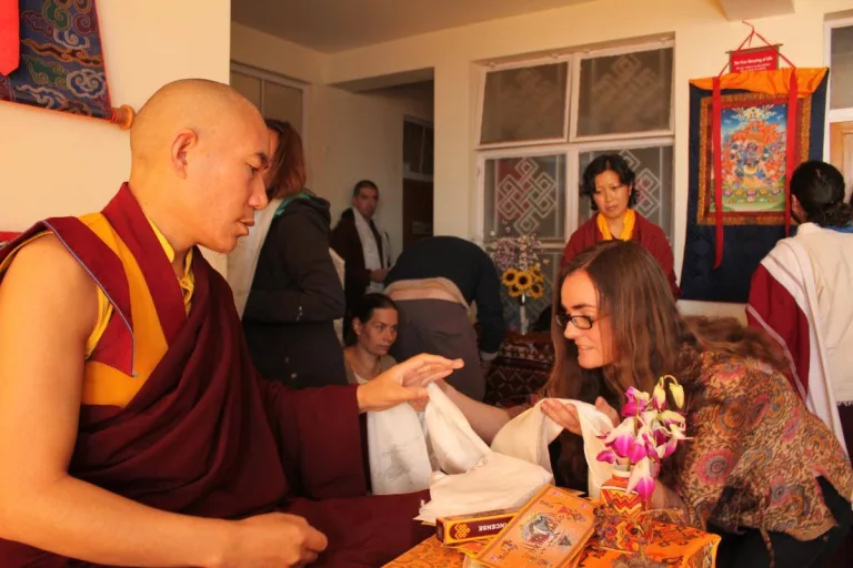 Students Offering Khata after Receiving Teachings on Finding Rest in the Nature of Mind by Longchenpa, Mcleod Ganj, November 2013
